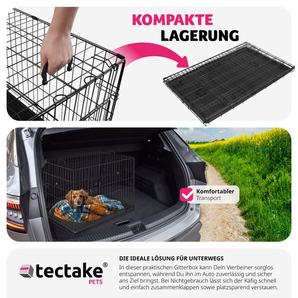 Zusammenklappbare Hundebox von tectake für den Transport im Auto und zur kompakten Lagerung.