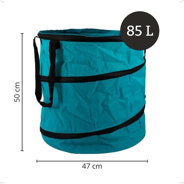 Faltbarer Gartenabfallsack mit 85 Liter Fassungsvermögen und Tragegriffen, Maße 50 cm Höhe und 47 cm Durchmesser.