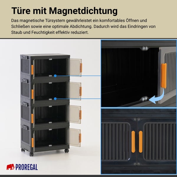 Stapelbarer Organizer aus Kunststoff mit vier Fächern auf Rollen, transparenten Türen mit Magnetverschluss und orangefarbenen Griffen. Proregal Logo.