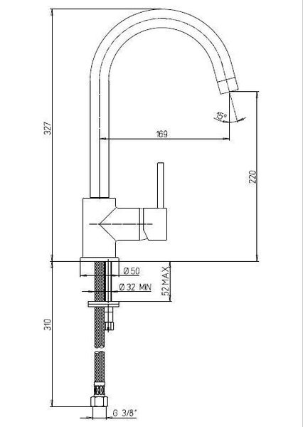 Technische Zeichnung einer Küchenarmatur mit Abmessungen