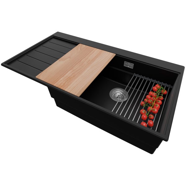 PRIMAGRAN Spülbecken Schwarz 90x50cm, Granitspüle 1 Becken + Ablauf-Set, Küchenspüle ab 60er Unterschrank - Sydney