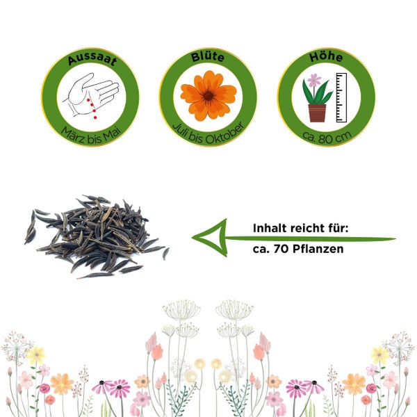 Samen mit Symbolen für Aussaat März bis Mai, Blüte Juli bis Oktober, Wuchshöhe circa 80 Zentimeter, Inhalt reicht für circa 70 Pflanzen.