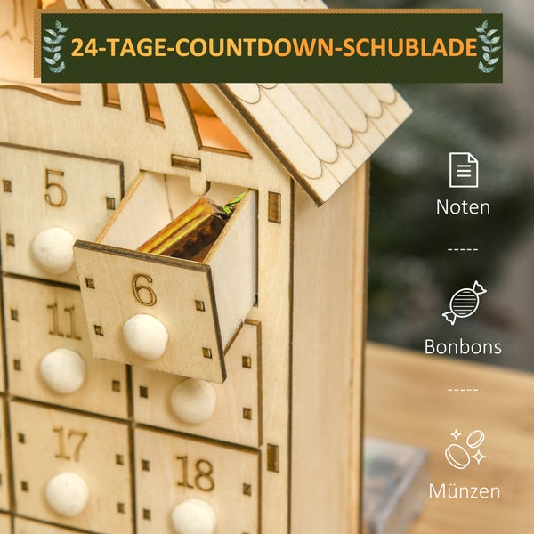 Adventskalender aus Holz in Hausform mit vierundzwanzig Schubladen zum Befüllen mit Notizen, Bonbons oder Münzen.