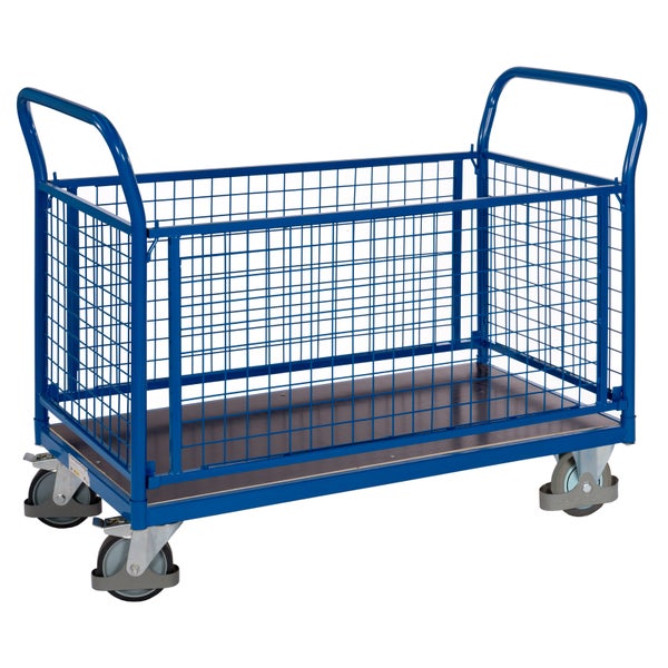 Blauer Gitterwagen mit vier Rädern und Holzplatte