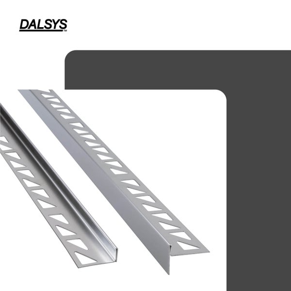 Dalsys Fliesenprofile aus Metall für Kantenabschluss und Eckenschutz mit gestanztem Befestigungsschenkel. Dalsys Logo.