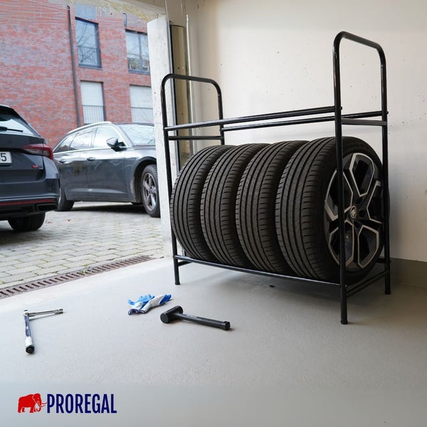 PROREGAL Reifenregal CARRERO HxBxT 106x106x46cm, bis zu 8 Reifen auf 2 Ebenen, Schwarz