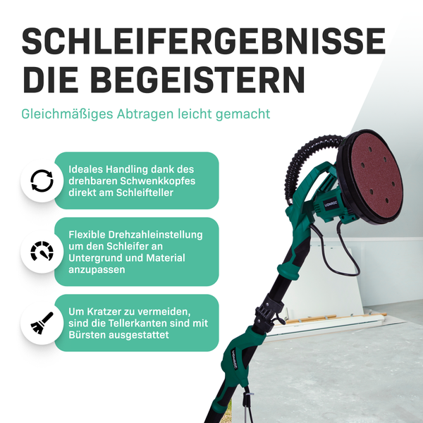 VONROC Trockenbauschleifer 1050W - Wand und Deckenschleifer 225mm, Giraffe mit Absaugung, Trockenbau Schleifmaschine Set inkl. 6 Schleifpapier