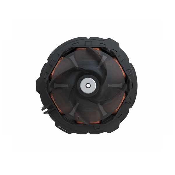 Elektromotor-Komponente mit sichtbaren Kupferwicklungen und schwarzem Kunststoffgehäuse.