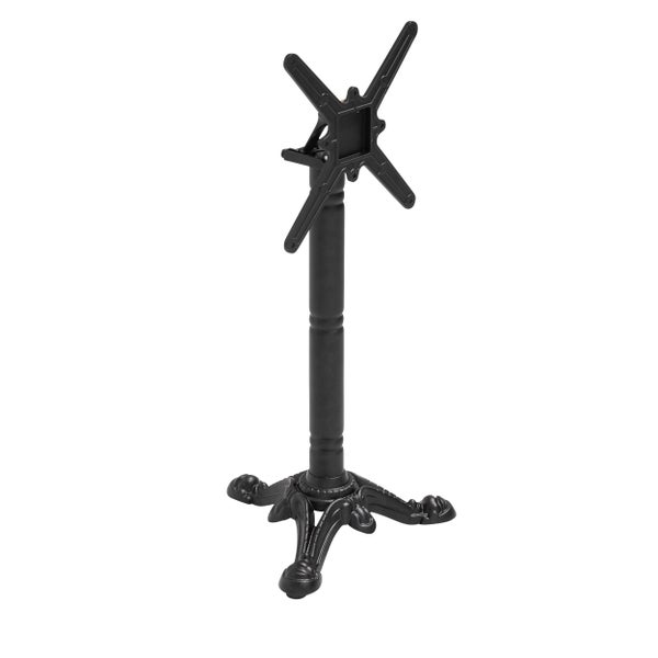 Tischgestell aus schwarzem Metall mit vier verzierten Füßen und einer Montageplatte in Kreuzform.