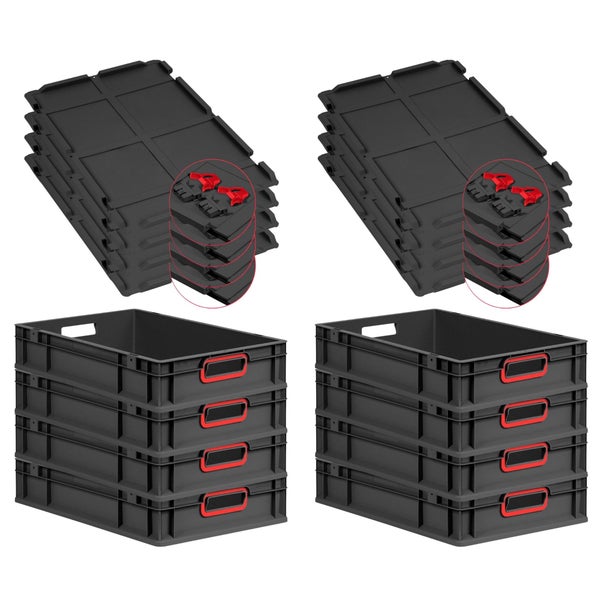PROREGAL SuperSparSet 8x Eurobox NextGen Color mit Scharnierdeckel und Schiebeschnappverschlüssen, HxBxT 12x40x60cm, 23 Liter, Schwarz, Griffe rot offen, Eurobehälter, Transportbox, Transportbehälter, Stapelbehälter