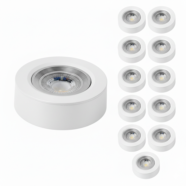 Set aus 11 runden LED-Aufbaustrahlern in Weiß mit integriertem Leuchtmittel.