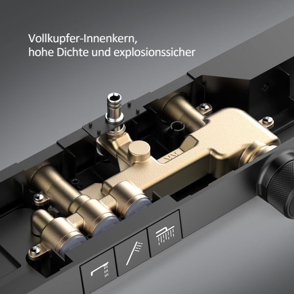 EMKE Duschsystem mit Thermostat, Duscharmatur Komplettset, 36 cm eckige Regendusche, 3 Wasserauslässe, Handbrause mit 3 Strahlarten, KTW-zertifiziert, 71 cm Ablagearmatur, 1,5 m Brauseschlauch, Matt Schwarz