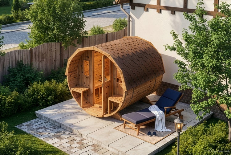 Fasssauna aus Holz mit Schindeldach auf einer Terrasse im Garten neben einer Sonnenliege.