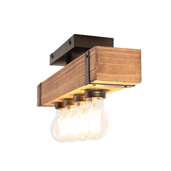 Deckenleuchte mit Holzbalken und drei Glühbirnen