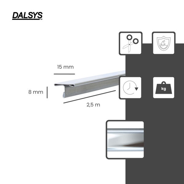 DALSYS Logo. Metall T-Profil für Böden, Breite 15 Millimeter, Höhe 8 Millimeter, Länge 2,5 Meter. Einfach zu kürzen, wasserfest, belastbar.
