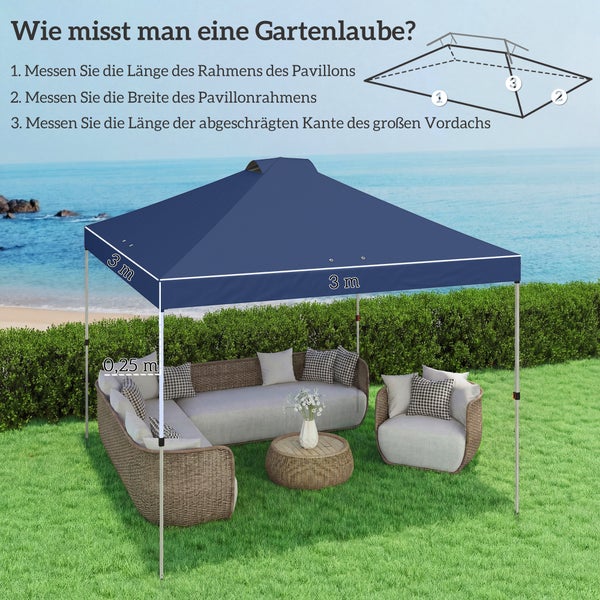 Infografik zur Messung einer Gartenlaube mit einem 3 mal 3 Meter Pavillon über einem Lounge-Set und nummerierten Messanweisungen.