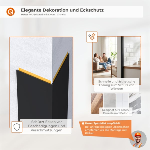 Hartes PVC Eckprofil mit Klebestreifen zum Schutz von Wandkanten vor Beschädigungen und Verschmutzungen, geeignet für verschiedene Oberflächen.