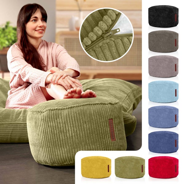 Green Bean Pouf-Kissen 45x25cm mit EPS-Perlen Füllung & Cordstoff Bodenkissen Liegekissen Sitzkissen Sitzhocker Sessel Kinder Erwachsene Stoff Hocker Ablage Grün