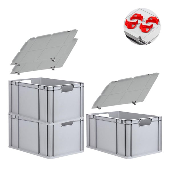 PROREGAL Spar Set 3x Eurobox Nextgen Economy Mit Auflagedeckel & 4x Schiebeschnappverschlüsse Rot Griffe Offen HxBxT 32 x 40 x 60 cm 65 Liter