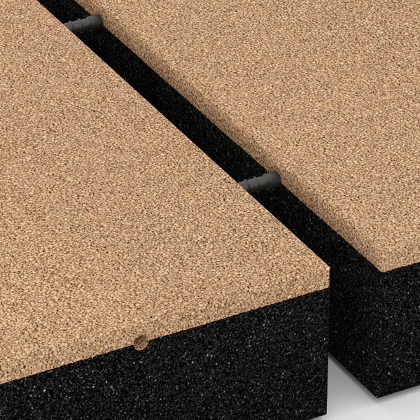 Detailansicht von zwei Fallschutzplatten mit Verbindungssteckern, Darstellung der granulierten Oberseite und der Trägerschicht.