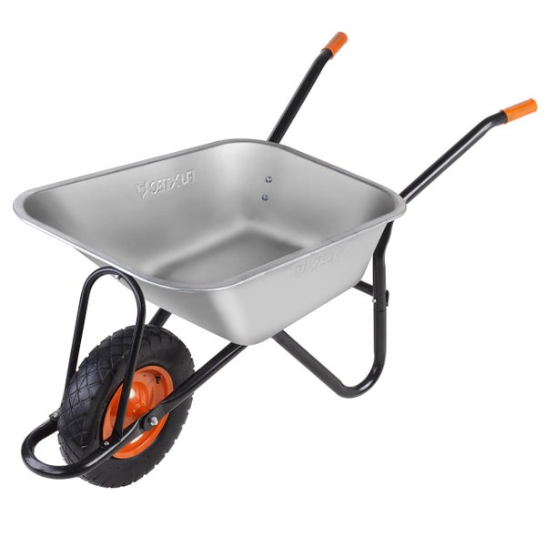 Schubkarre aus verzinktem Stahl mit schwarzem Gestell, Vollgummirad und orangefarbenen Griffen, Draufsicht.