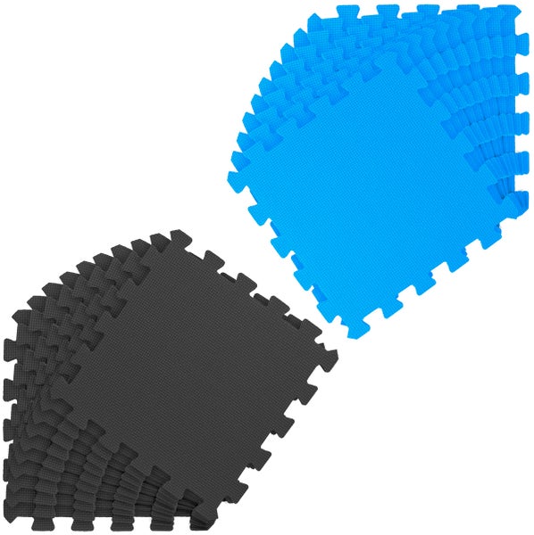 Set aus ineinandergreifenden Bodenschutzmatten aus EVA-Schaumstoff in Blau und Anthrazit.