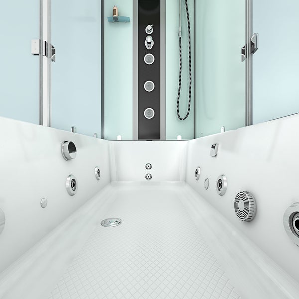Whirlpool-Badewanne mit Glaswänden, Duschpaneel mit Massagedüsen, Handbrause und Ablage.