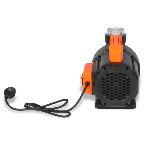 Schwarz-orange Wasserpumpe mit Tragegriff und Stromkabel.