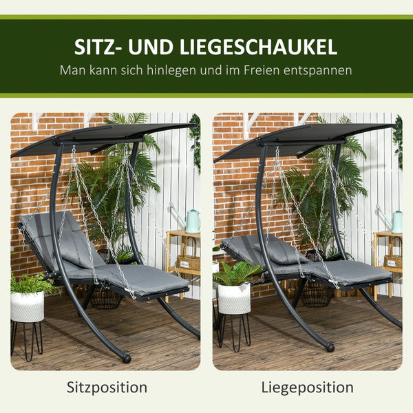 Outsunny Hollywoodschaukel, Gartenschaukel mit Kissen, mit Verstellbarem Sonnendach, 108 x 145 cm x 169 cm, Stahl, Dunkelgrau
