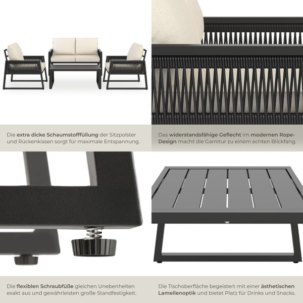 Garten-Lounge Set tectake Captive Tisch mit Lamellenmuster im Rope-Design mit Aluminiumgestell anthrazit