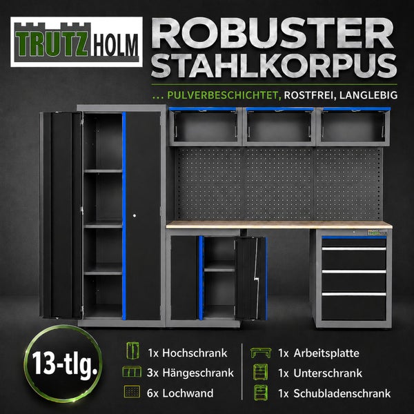 Trutz Holm Werkstatteinrichtung 13 teilig mit Stahlschrank Wandelementen Arbeitsplatte und Schubladenschrank