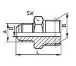 Technische Zeichnung einer Einschraubverschraubung mit Maßangaben für Durchmesser, Länge und Schlüsselweite.