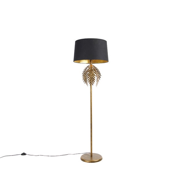 QAZQA - Landhaus I Vintage Vintage Stehlampe Gold I Messing mit Baumwollschirm schwarz - Botanica I Wohnzimmer I Schlafzimmer - Stahl Länglich - LED geeignet E27