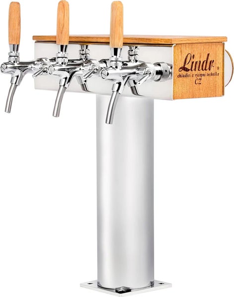 Lindr Biersäule mit drei Zapfhähnen aus Edelstahl und Holzapplikationen.