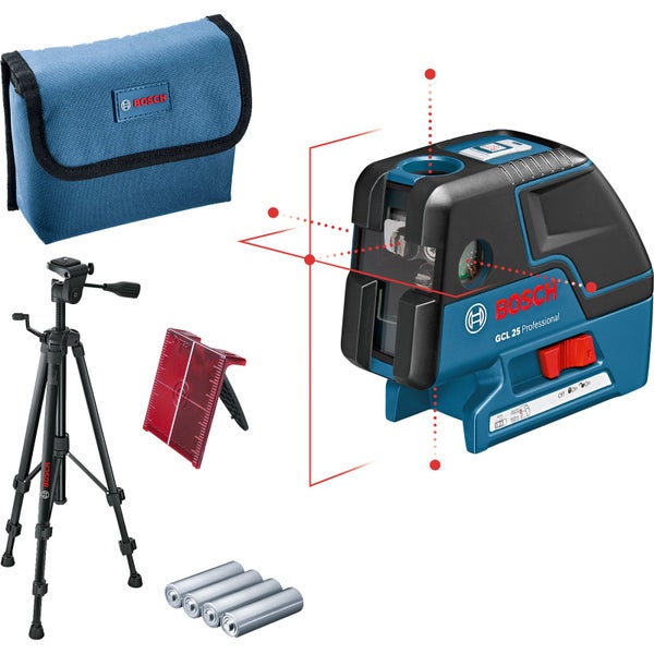 Bosch GCL 25 Professional Kombilaser Set mit Stativ, Tasche, Zieltafel und Batterien. Das Gerät projiziert rote Laserlinien und Punkte.