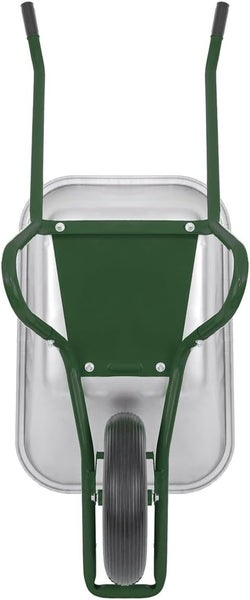 Draufsicht einer Schubkarre mit Metallwanne und grünem Gestell