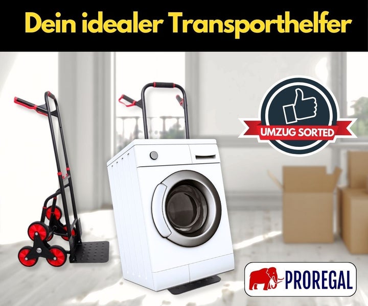 PROREGAL Klappbarer Profi-Treppensteiger TAURUS 250 HxBxT 115 x 52 x 63 cm Traglast 250 kg Stahlrahmen Ergonomische Griffe TPR-Gummiräder Rot-Schwarz