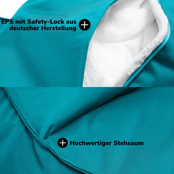 Sitzsack Outdoor für Balkon und Garten 'Der Sommerschlitten', Bean Bag mit EPS-Perlen Füllung, Relaxliege federleicht, Liegekissen, Bodenkissen für Kinder und Erwachsene in petrol