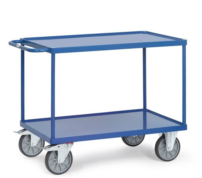 Blauer Montagewagen mit zwei Ablageflächen und vier Rädern