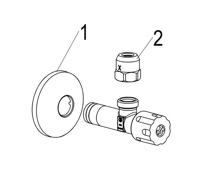Explosionszeichnung eines Eckventils mit Rosette und Quetschverschraubung.