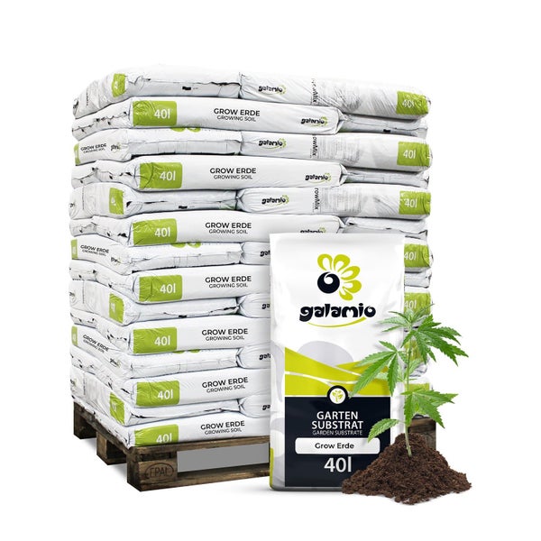 Palette Galamio Grow Erde, 40 Liter pro Sack, mit Einzelpackung und kleiner Pflanze.