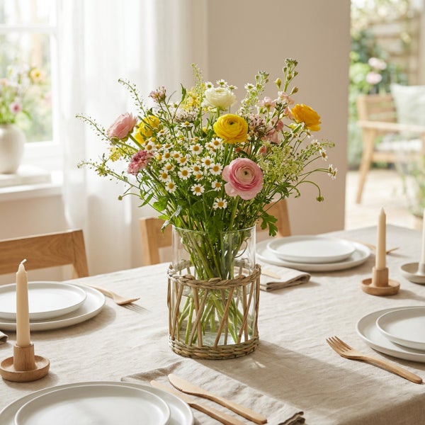Ein bunter Blumenstrauß in einer Glasvase mit Rattangeflecht steht als Tischdekoration auf einem gedeckten Esstisch mit Leinentischdecke.