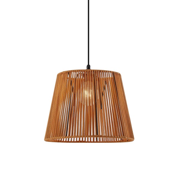 Pendelleuchte mit kegelförmigem Schirm aus braunem Kordelgeflecht und schwarzem Kabel.