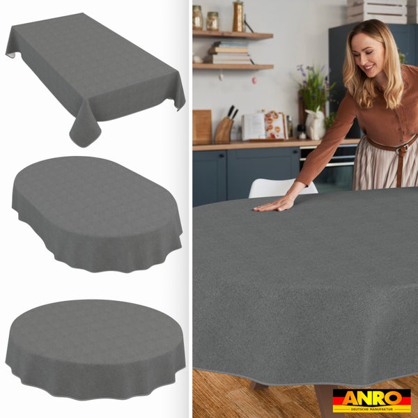 Abwaschbare Tischdecke in rechteckiger, ovaler und runder Form in einer Küche. ANRO Deutsche Manufaktur Logo.