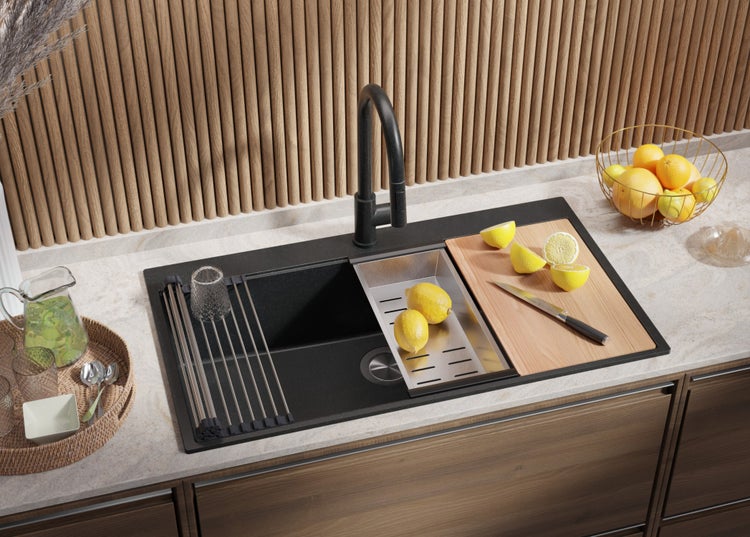 PRIMAGRAN Spülbecken Anthrazit 88x50cm, Granitspüle 1 Becken + Ablauf-Set + Schneidebrett, Küchenspüle ab 90er Unterschrank - Oslo