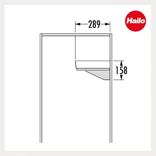 Maßzeichnung eines Hailo Regaleinsatzes mit Abmessungen von 289 und 158 Millimeter sowie das Hailo Logo.