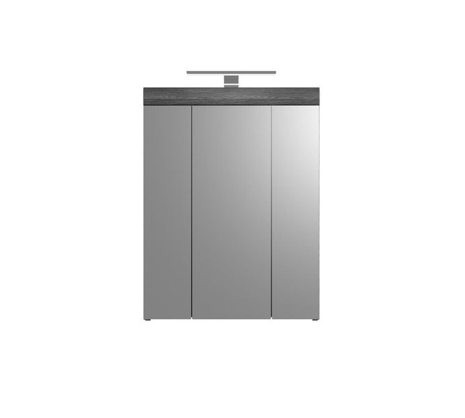 Dreitüriger Spiegelschrank für das Badezimmer mit integrierter LED-Beleuchtung und oberer Blende in Holzoptik.