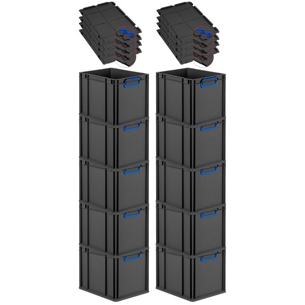 PROREGAL SuperSparSet 10x Eurobox NextGen Color mit Scharnierdeckel und Schiebeschnappverschlüssen, HxBxT 32x30x40cm, 30 Liter, Schwarz, Griffe blau geschlossen, Eurobehälter, Transportbox, Transportbehälter, Stapelbehälter