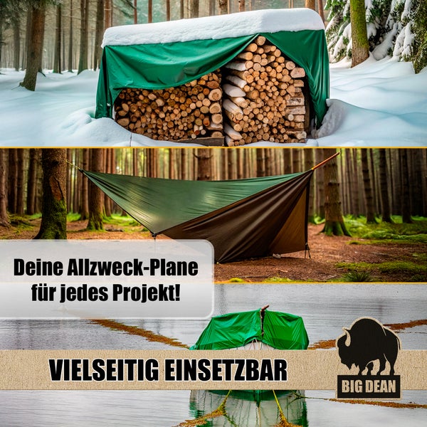 Produktcollage mit verschiedenen Anwendungsbeispielen einer Abdeckplane