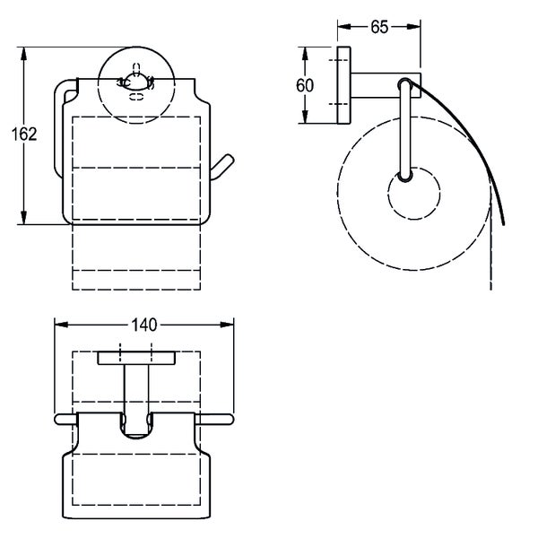 Maßzeichnung eines Toilettenpapierhalters mit Deckel. Maße in Millimeter: Höhe 162, Breite 140, Tiefe 65, Wandhalterung Durchmesser 60.